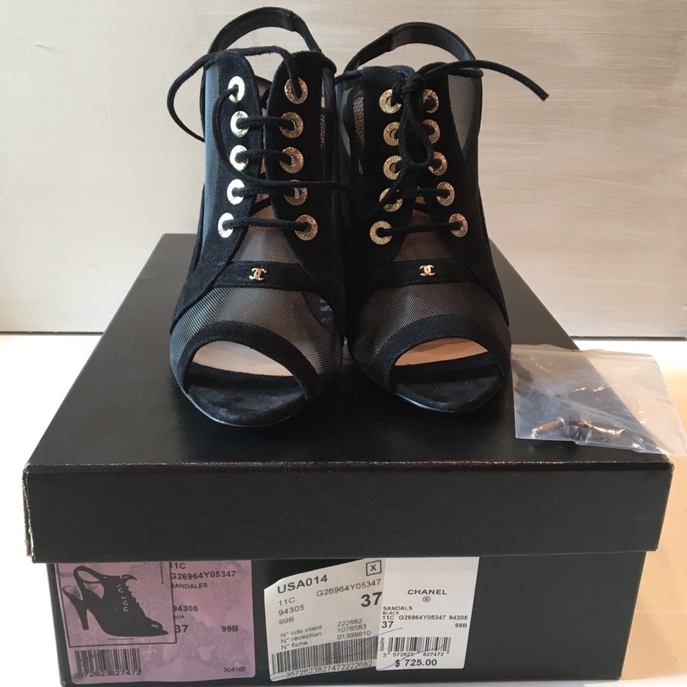 CHANEL Black Mesh Lace-Up Open-Toe Heels - Picture 2 of 8